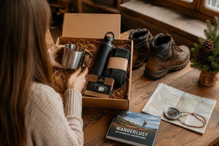 Frau packt verschiedene Geschenke für Wanderer in eine Geschenkbox.