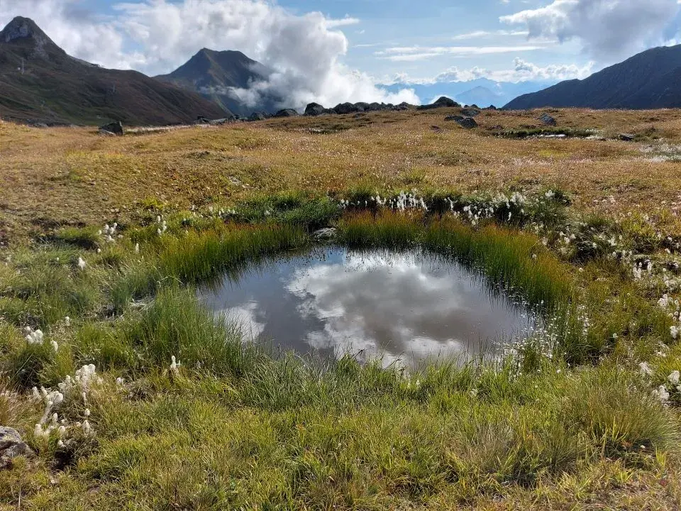 Wanderweg bei den Seen vom Alptrider Sattel zur Alp Bella unterhalb des Bürkelkopf