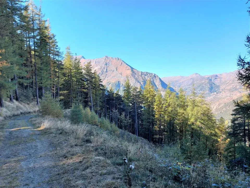 Wanderweg entlang der Festungsmauern unterhalb des Fort delle Valli in Richtung Usseaux und Lago del Laux