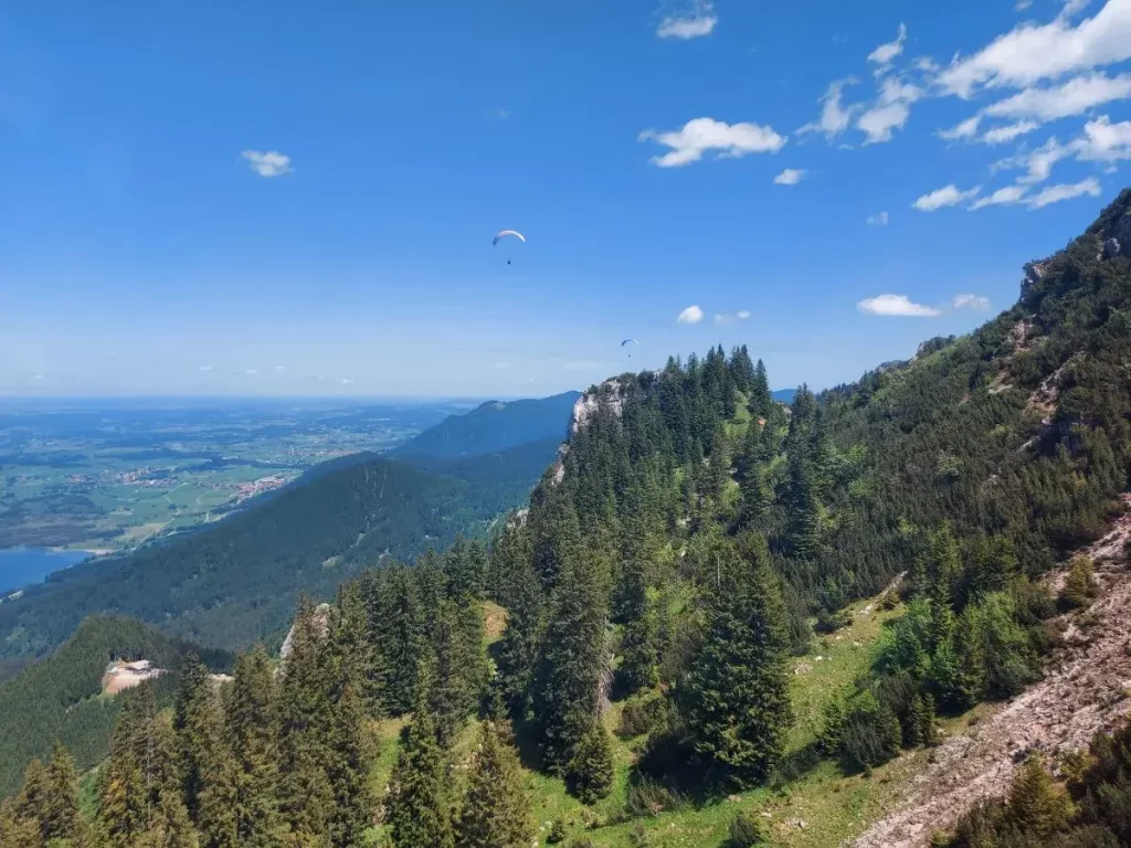 Mehrere Gleitschirmflieger schweben über bewaldete Hänge und blicken ins weite Alpenvorland. Diese Szene verdeutlicht die vielfältigen Outdoor- und Adrenalinangebote am Füssener Tegelberg.