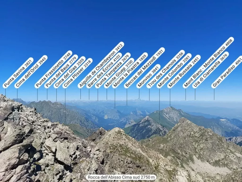 Panoramablick von der Rocca dell'Abisso (2.750 m) auf eine Vielzahl italienischer Alpengipfel. Die Namen und Höhen der Berge sind beschriftet, darunter Monviso, Monte Bianco und Gran Paradiso, die das alpine Panorama um den Colle di Tenda dominieren.