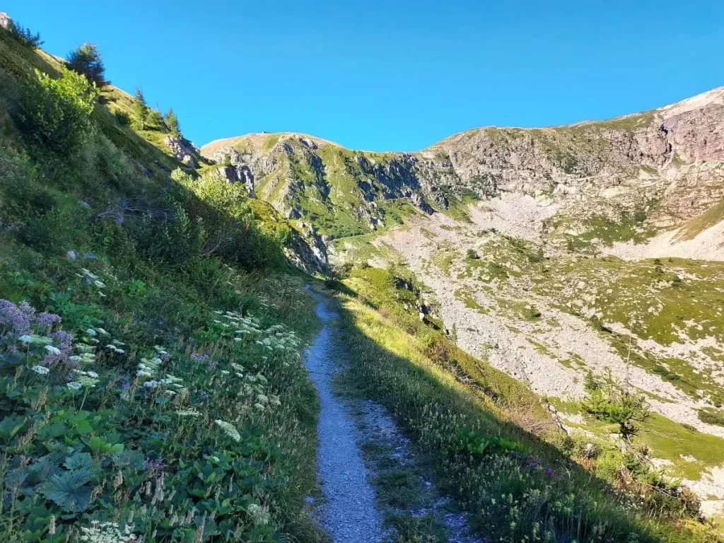 Ein schmaler Wanderweg entlang eines grünen, blumenreichen Hanges führt zum Fort de Giare und zur Rocca dell'Abisso. Der Weg bietet eine malerische Aussicht auf die umliegenden Täler des Colle di Tenda.