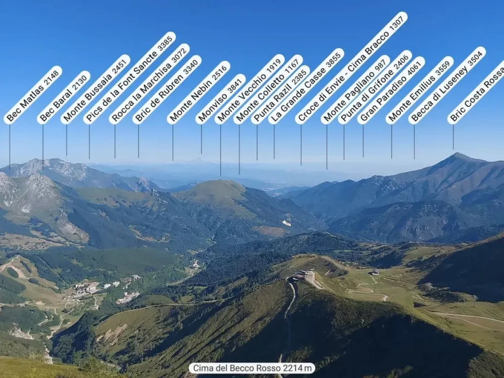Panoramablick von der Rocca dell'Abisso (2.750 m) auf eine Vielzahl italienischer Alpengipfel. Die Namen und Höhen der Berge sind beschriftet, darunter Monviso, Monte Bianco und Gran Paradiso, die das alpine Panorama um den Colle di Tenda dominieren.