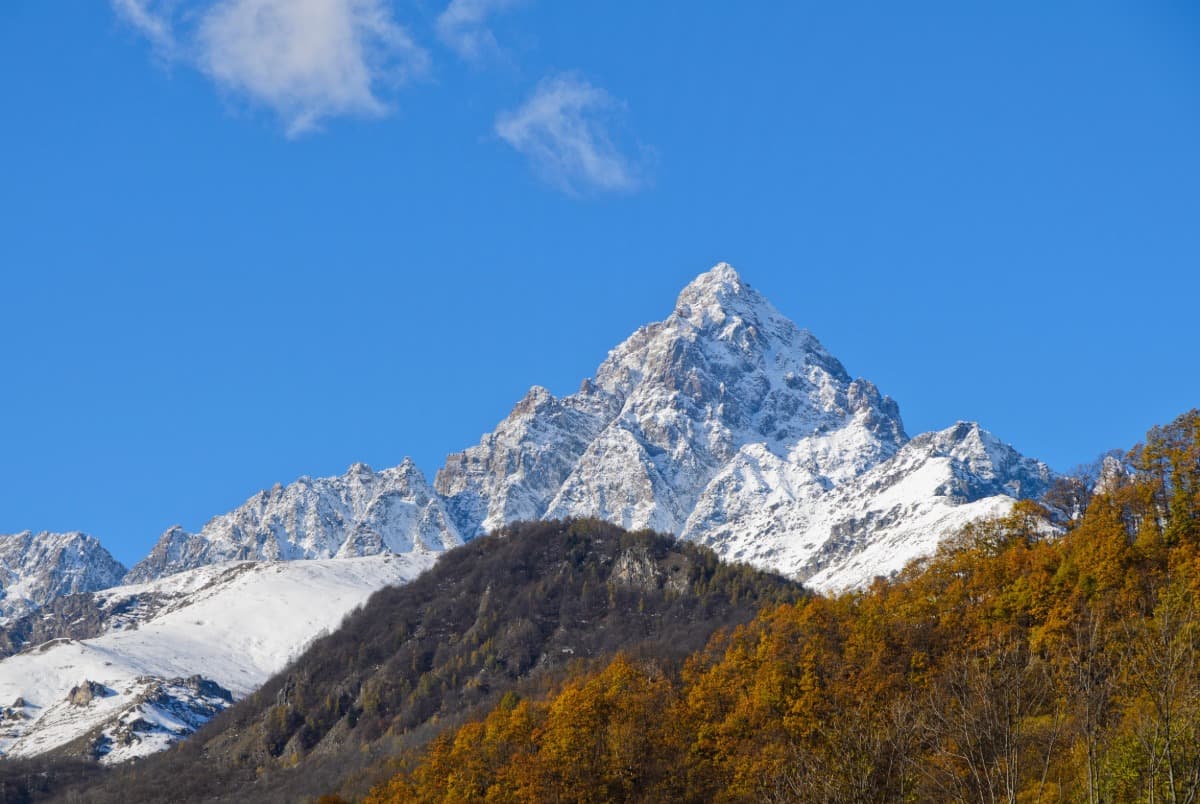 Majestätischer Blick auf den Monviso, einen schneebedeckten Berg in den Alpen, unter einem klaren blauen Himmel. Im Vordergrund herbstlich gefärbte Laubbäume und bewaldete Hänge kontrastieren mit dem weißen Gipfel.
