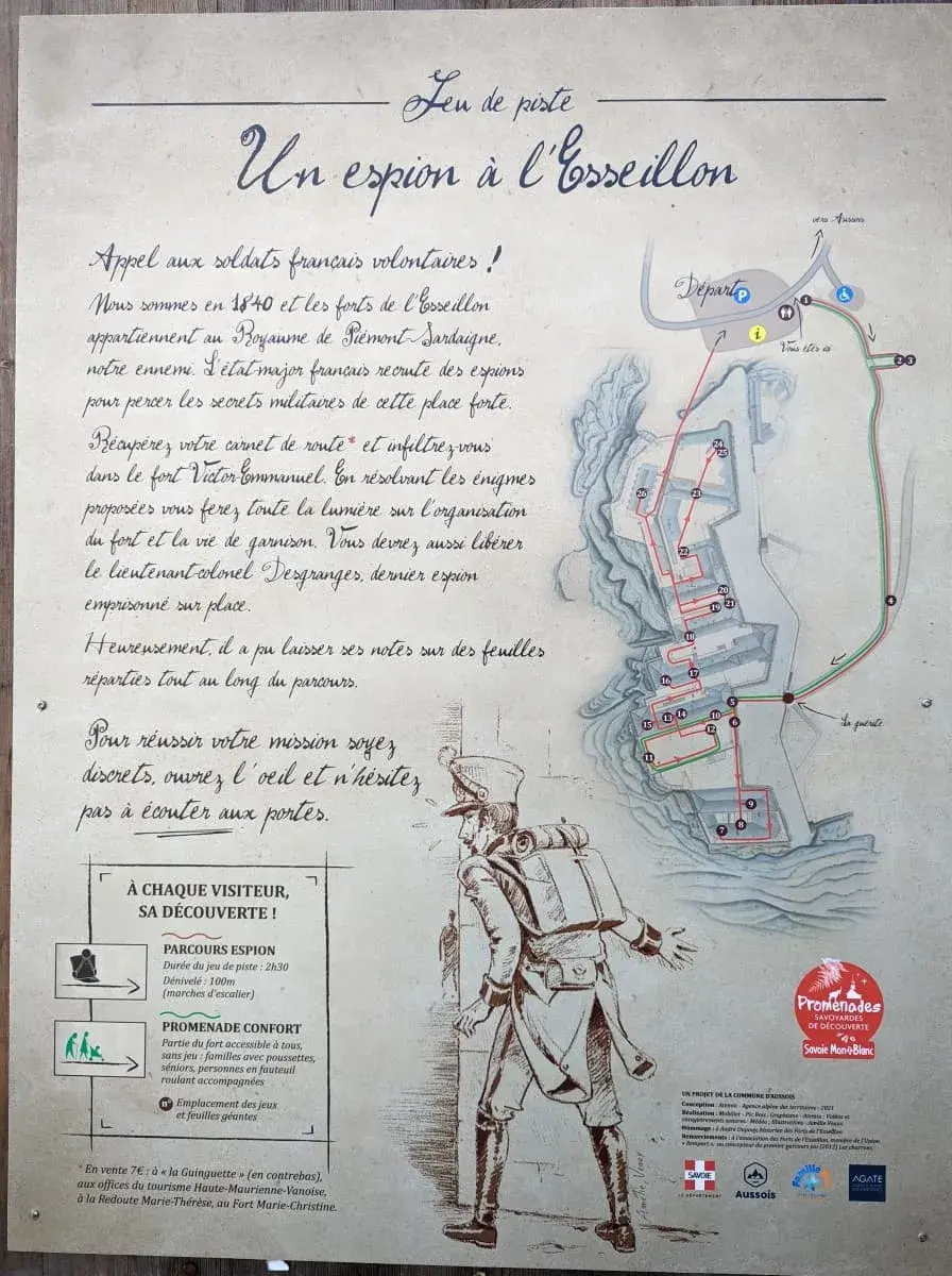 Hinweistafel auf dem Wanderweg Promenade de découverte des forts de l'Esseillons