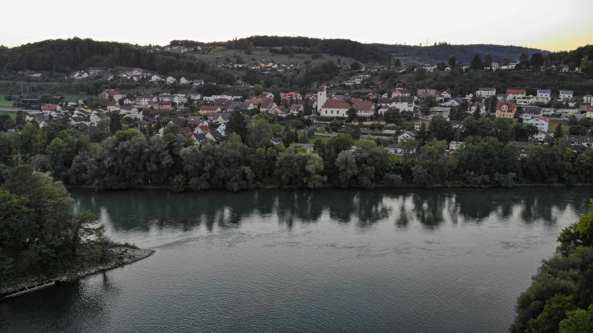 Abendlicher Blick auf den alten Kanal der Aare bei Brugg, umgeben von dicht bewachsenem Uferwald. Im Hintergrund erstreckt sich die Stadt mit ihrer Kirche, roten Dächern und den sanft ansteigenden Hügeln der Umgebung.
