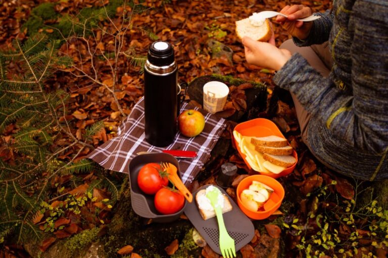 Person beim herbstlichen Picknick im Wald, streicht Frischkäse auf eine Brotscheibe. Umgeben von buntem Laub liegt eine Decke mit Wanderproviant, Thermoskanne, Apfel, frischen Tomaten, Brot, Käse, Apfelstücken, Frischkäsebrot und einem Becher – alles in praktischen Campingdosen angerichtet.