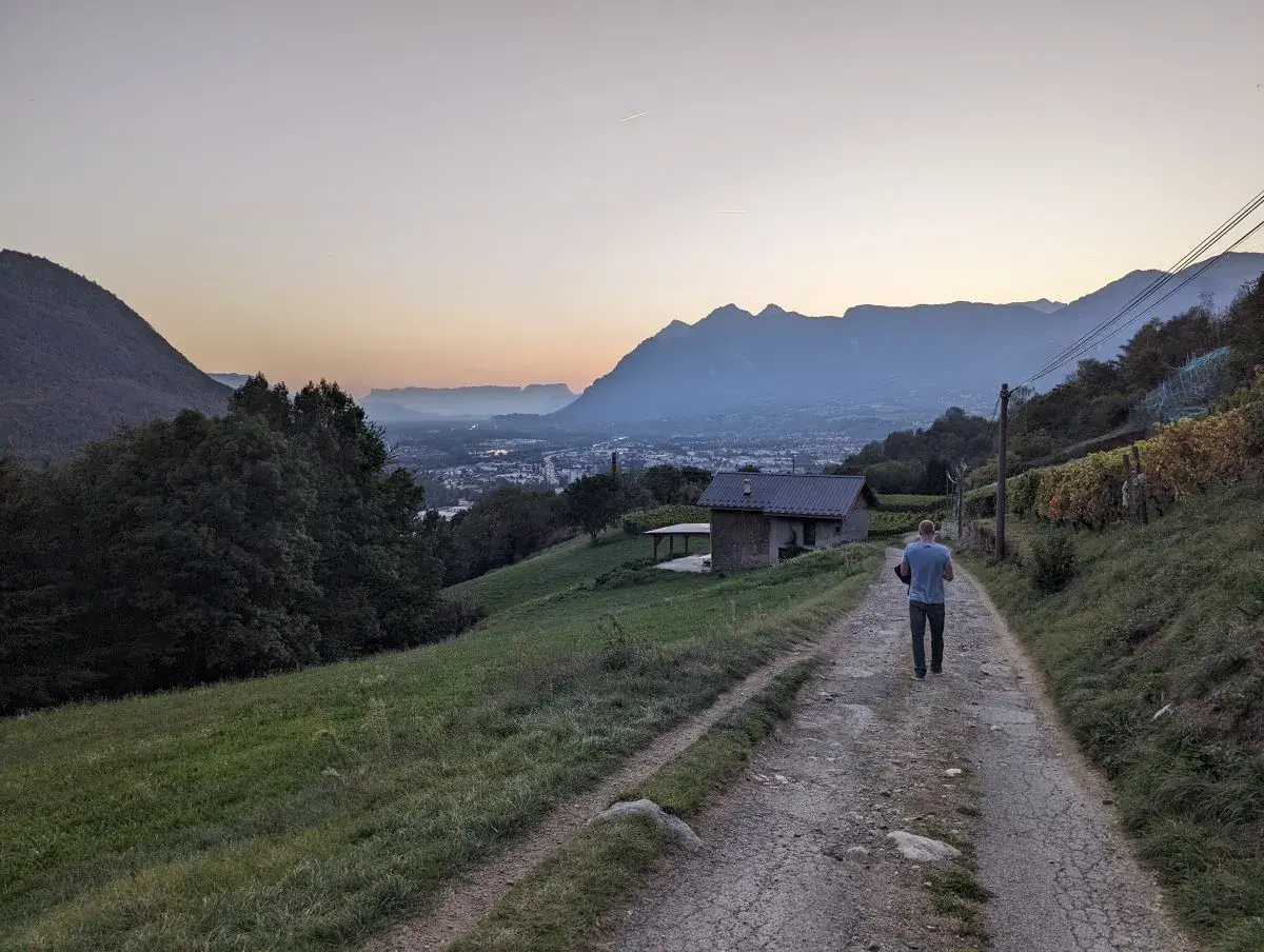 Wanderweg Chemin de la Poterne des Vignes oberhalb von Albertville bei Sonnenuntergang. Drumherum Weinreben und vorne die Stadt und die Berge