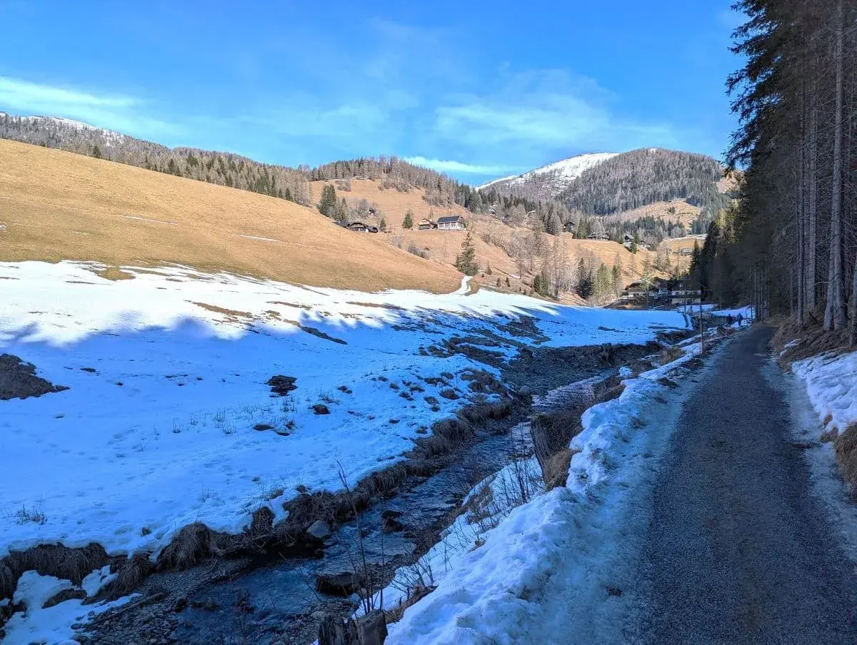Schattiger Wanderweg entlang des St. Oswald Bach mit den verschneiten Bergen von Bad Kirchheim im Hintergrund