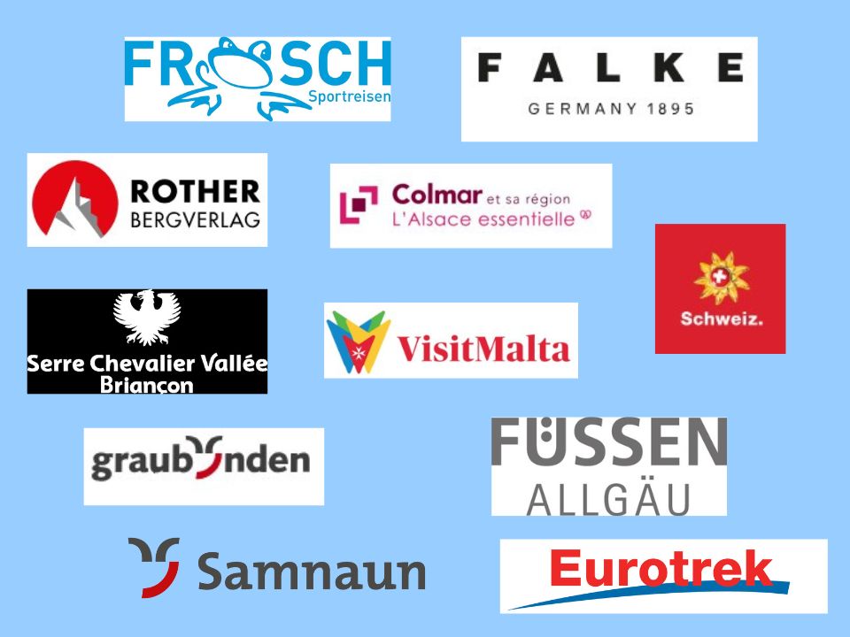 Eine Collage von Logos verschiedener Unternehmen und Reiseziele, darunter Frosch Sportreisen, Falke, Rother Bergverlag, Colmar, Schweiz Tourismus, Serre Chevalier Vallée Briancon, Visit Malta, Füssen Allgäu, Samnaun, Eurotrek und Graubünden.