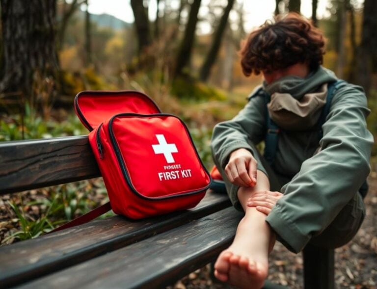Eine Person sitzt auf einer Holzbank im Wald und versorgt eine Wunde am Bein mit einem Pflaster, daneben liegt ein auffällig rotes Erste-Hilfe-Set mit weißem Kreuz. Die Szene zeigt, wie wichtig ein gut ausgestattetes Erste-Hilfe-Set fürs Wandern ist, um kleinere Verletzungen direkt unterwegs versorgen zu können.
