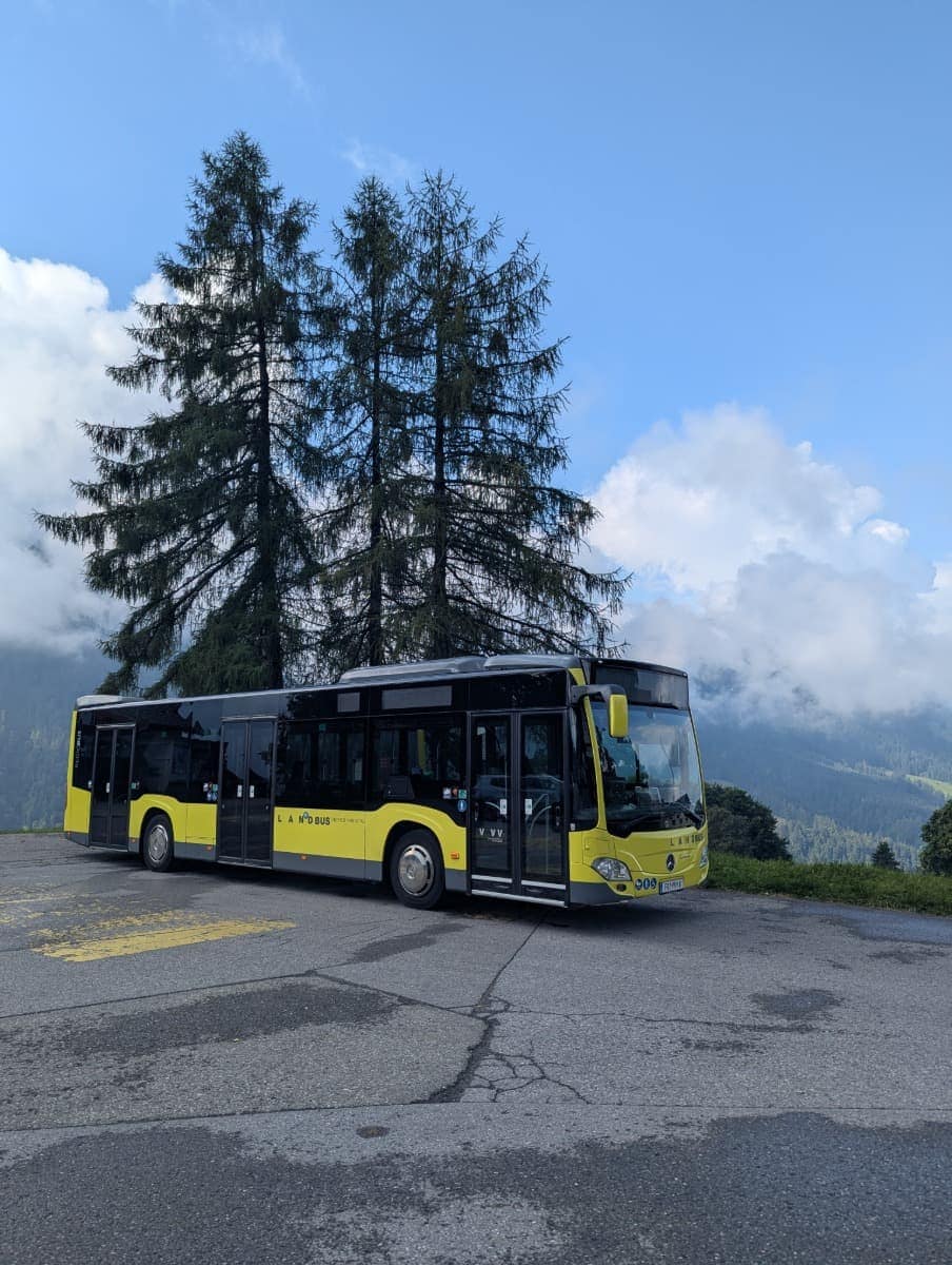 Ein gelb-schwarzer Linienbus steht vor zwei hohen Tannen mit Blick auf nebelverhangene Berge. Wer in Dornbirn in Vorarlberg ohne Auto unterwegs ist, kommt mit dem Landbus gut überall hin.