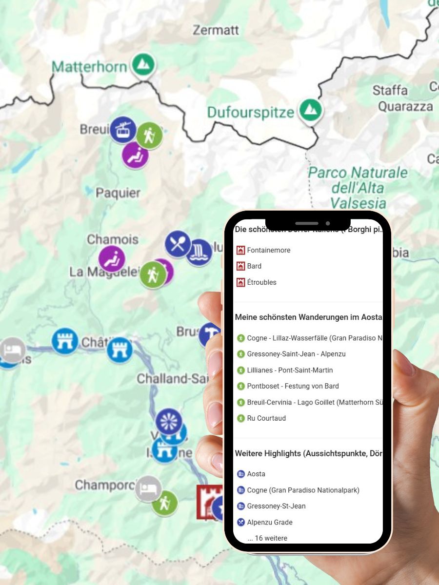 Foto einer GoogleMaps Karte im Hintergrund und im Vordergrund eine Hand, die ein Handy mit der Best of Aostatal Karte hält.