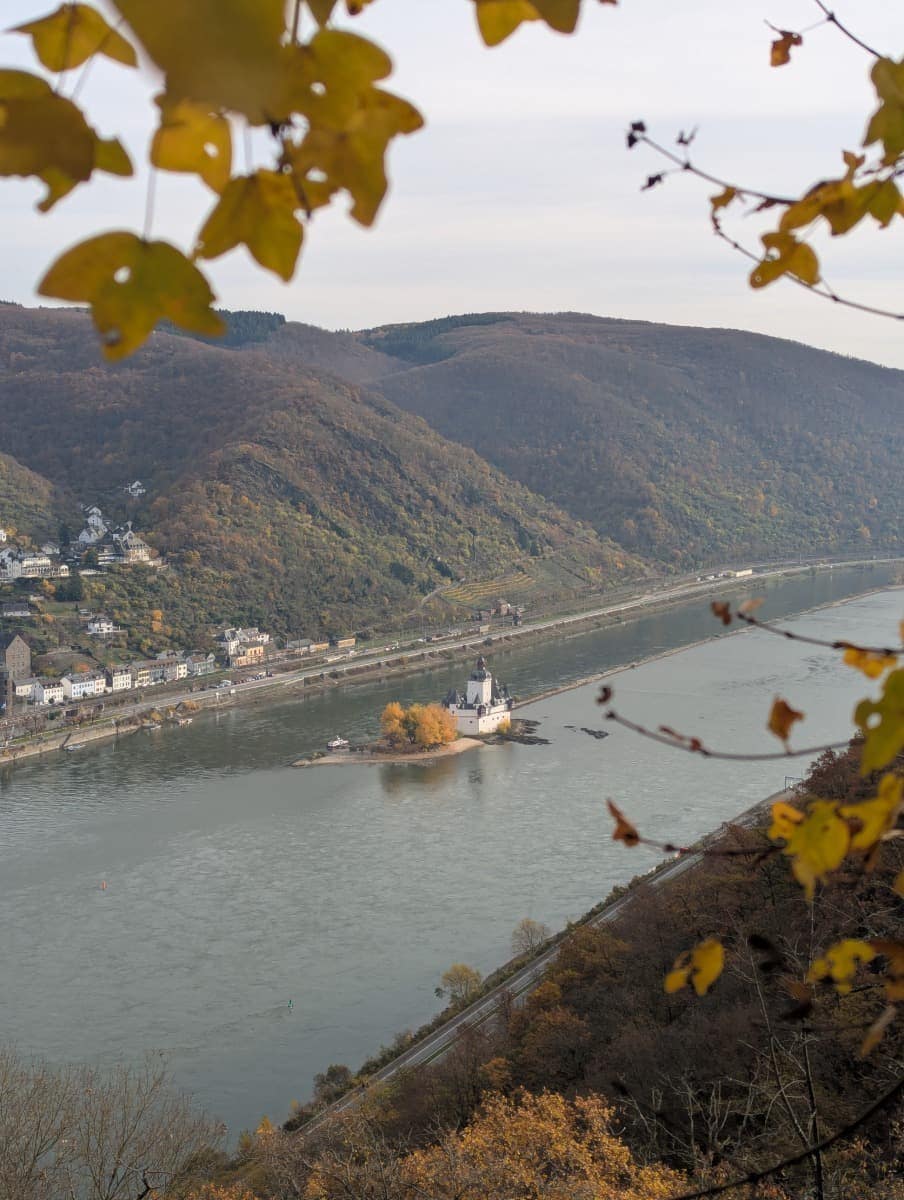 Blick vom RheinBurgenWeg, einer Alternative zum Rheinsteig, über den Rhein auf die Pfalzgrafenstein bei Kaub, eingerahmt von herbstlichen Blättern am Hang des Mittelrheintals.