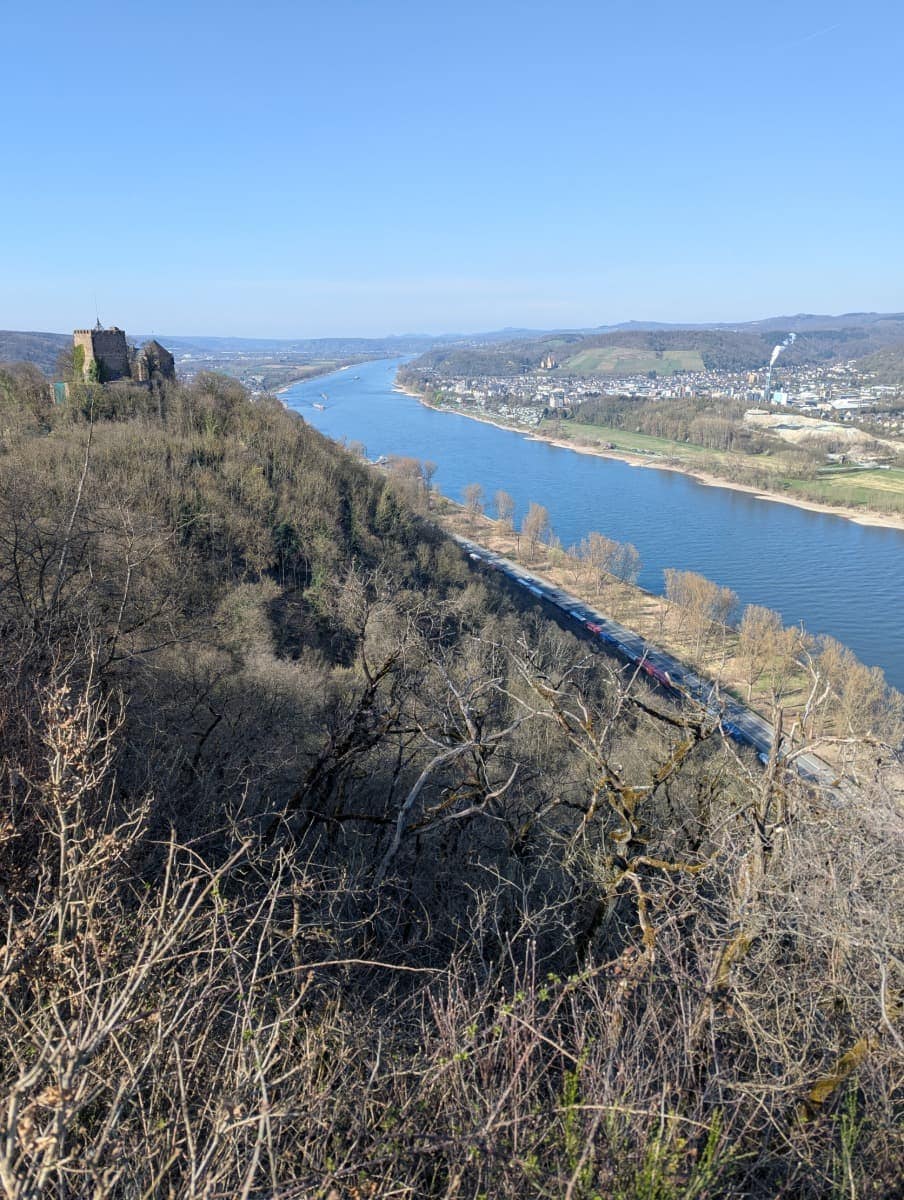 Blick vom RheinBurgenWeg, der Rheinsteig Alternative, über den Rhein und das Rheintal mit der hoch auf dem Felsen thronenden Burg Rheineck bei Bad Breisig.