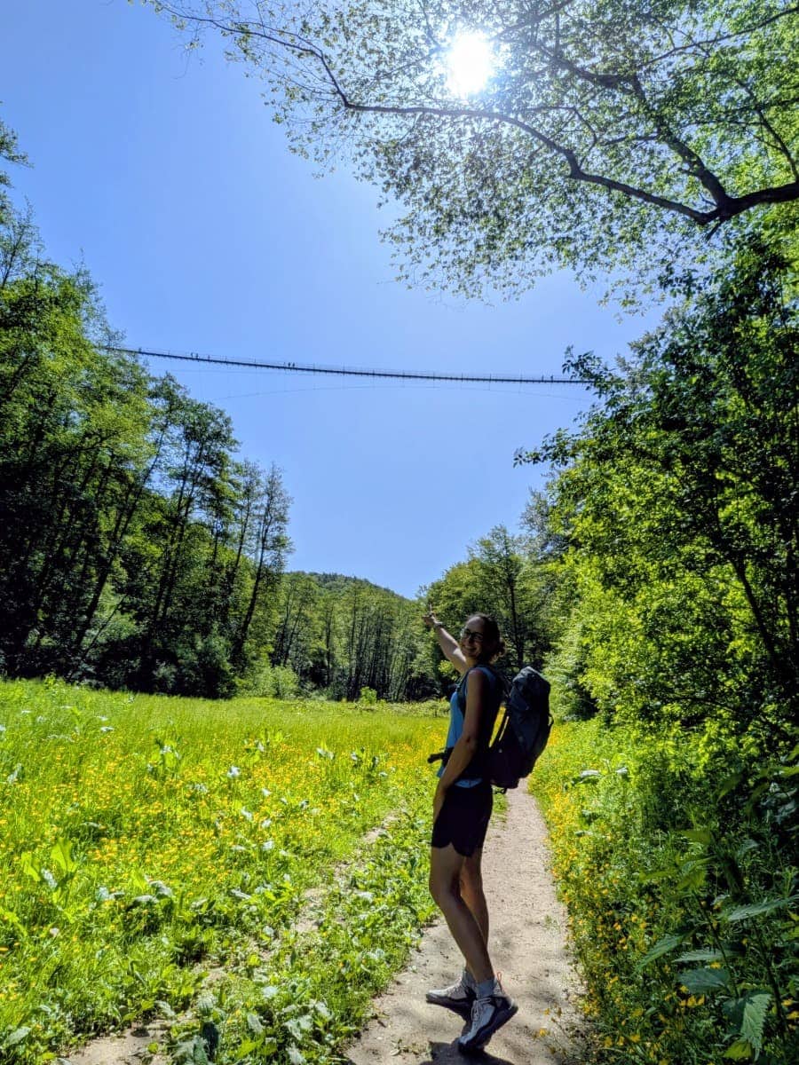 Linda zeigt beim Wandern im Hunsrück auf die Geierlay, die hoch über einer blühenden Wiese zwischen den bewaldeten Hängen des Mörsdorfer Bachtals verläuft.