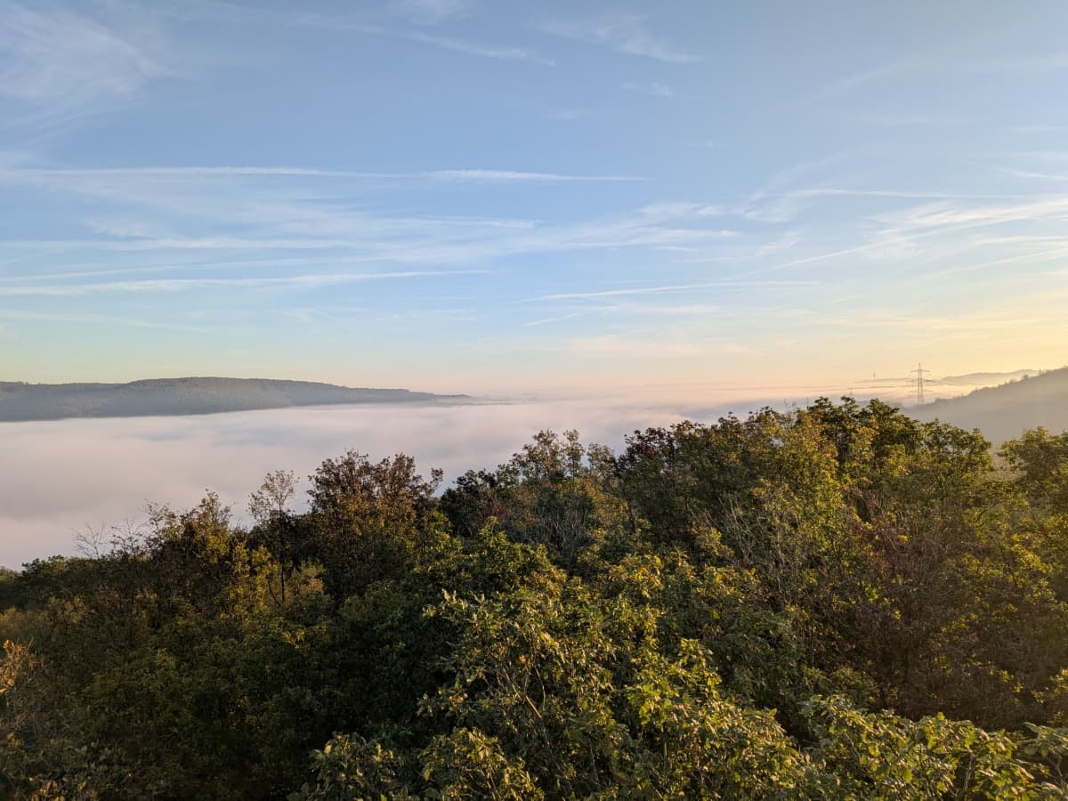 Vom Ottoturm reicht der Blick über herbstliche Baumkronen und ein nebelgefülltes Tal im warmen Morgenlicht.