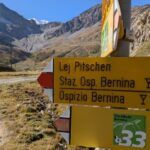 Ein gelber Wanderwegweiser am Berninapass zeigt die Via Albula/Bernina Richtung Lej Pitschen, Staziun Ospizio Bernina und Ospizio Bernina, dahinter steigen karge Hochgebirgshänge zu den Gipfeln der Berninagruppe an.